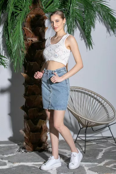 Blue Denim Skirt with Buttons at the Front