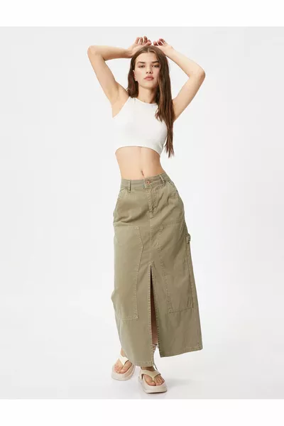 Джинсовая юбка миди с разрезом карман хлопок