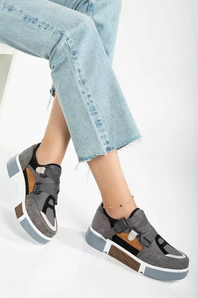 نسائي أحذية رياضية رمادية تمتد من جلد الغزال متعدد الألوان نعل سميك