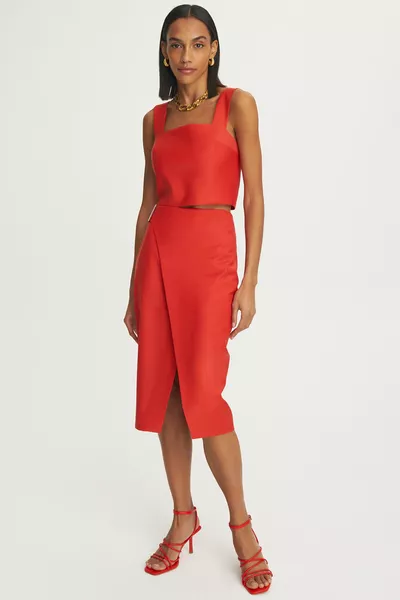 Adiele Regular Fit Below the Knee High Waist Red Color Skirt