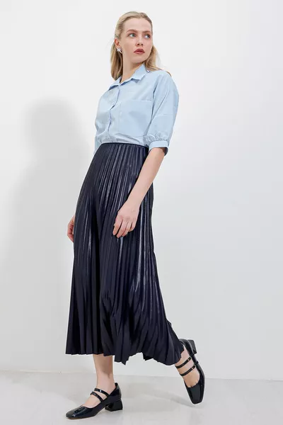  Pleated skirt with leather look - Navy Blue