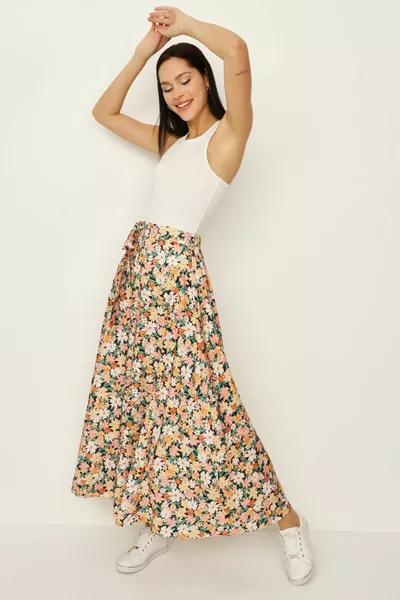 Women's Floral Belted Flounced Long Skirt