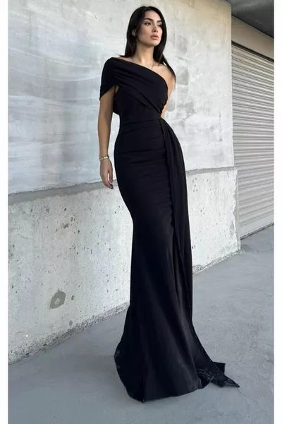 Жените черна Мадона яка единични къс ръкав опашката подробни Макси дължина завеси шнур дълга вечерна рокля