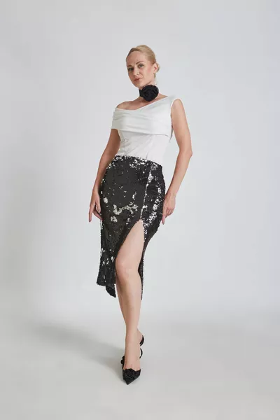 Sequined midi pencil skirt with black silver embroidered leg slits