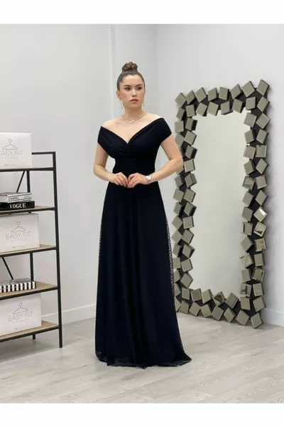 فستان Polka Dot بياقة قارب مفصلة - أسود