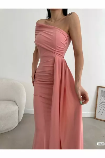 Maxi Boy One Shoulder Importiertes Kreppstoff Abendkleid Versprechen Verlobung Hochzeit