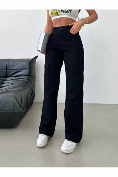 كارجو بالازو أسود كولورفاست عالي الخصر مرن بنطلون جينز واسع الساق