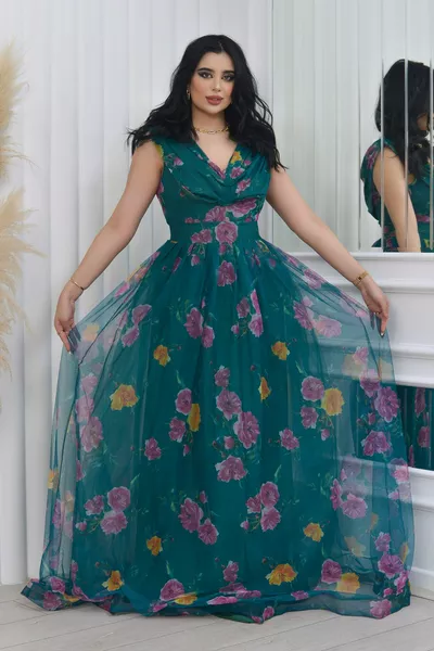 روز منقوشة الرقمية المطبوعة صفر الأكمام V منخفضة قطع فستان سهرة طويلة على تول مرنة