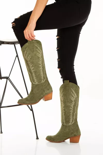 Suède Western Cowboy geborduurde kaki dameslaarzen