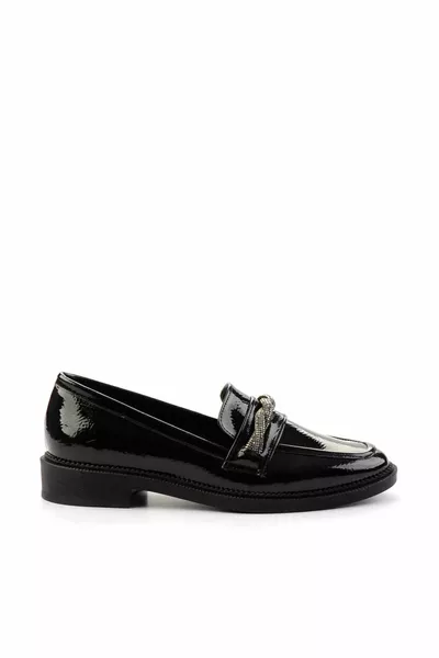 Black Crinkled Patent Leather Women's Loafer Shoes 