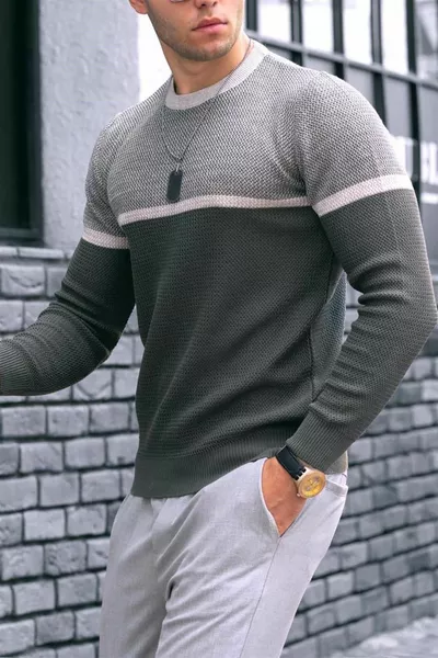 Pull Homme Kaki Color Block 