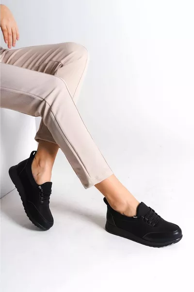 Violet Lace-Up Elasticated Orthopedic Comfortable Sole Skin Detailed Ballet Flats Mother Shoes St Black