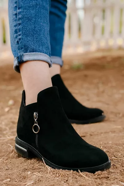 Дамски черни велурени цип с плосък подметка Половин зимни ботуши 