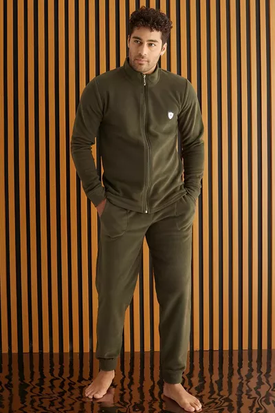 Khaki Front Zipper Long Sleeve Fleece Men's Pajama Set