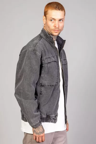 Veste en jean aviateur zippée surdimensionnée noir à motif délavé pour homme