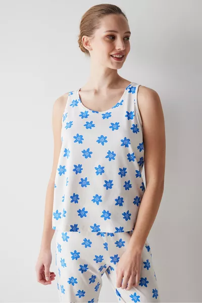 Blauwe gebloemde ecru broek pyjamaset