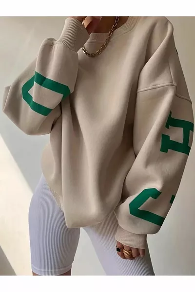 Women's 3 Thread Beige Sleeves Chicago Printed Oversize Crew Neck Sweatshirt