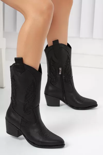 Black Skin Bottes de cowboy western brodées à fermeture éclair noire