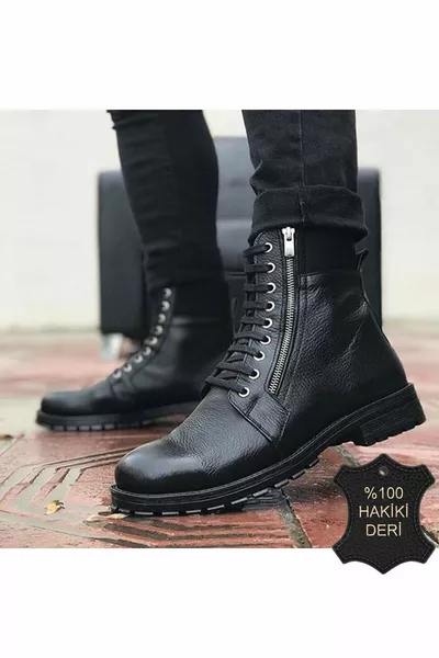 Военни мъжки ботуши от естествена кожа с цип 