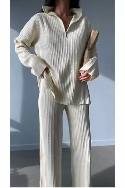 Femme Col en velours côtelé Jambe zippée Fente Côté Ensemble de tricots zippés