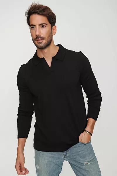 Мужской черный Reddington поло с длинным рукавом тонкий трикотажный свитер 