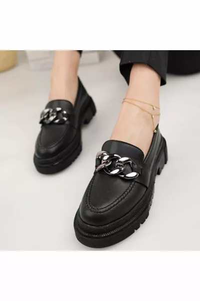 Women's Black Chain Thick Sole Loafer Shoes