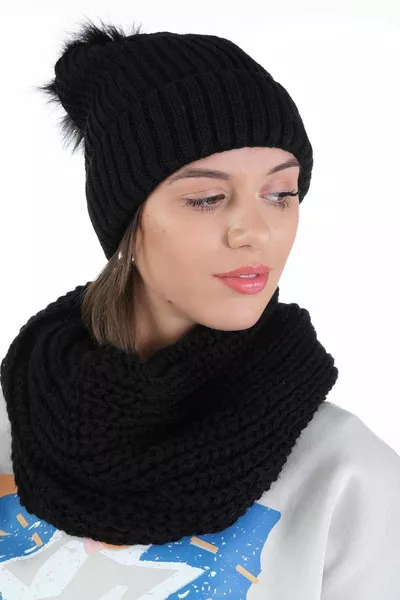 نسائي أسود تريكو قبعة صغيرة بومبوم ومحبوك الرقبة دعامة مجموعة