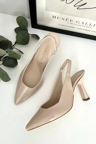 Spark Лачена Кожа Бежова Гола Кожа Заострен Назад Отворени Токчета Дамски Обувки