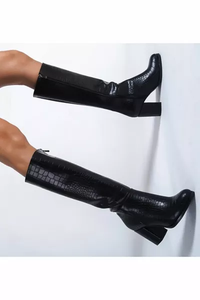 Bottes Topan zippées 7 cm talons motif crocodile noir