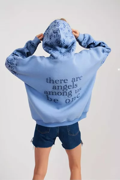 Синяя женская толстовка оверсайз толстовка толстая 3-ниточная ткань зимняя толстовка с ангельским принтом детализированная толстовка
