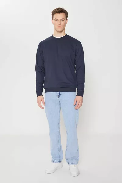 Мъжки тъмносин стандартен прилягащ памучен суитшърт с 2 нишки