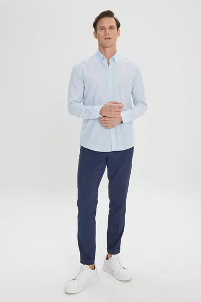 الرجال الأزرق الفاتح  ٪ القطن أكسفورد سليم صالح أزرار طوق ملتهب قميص