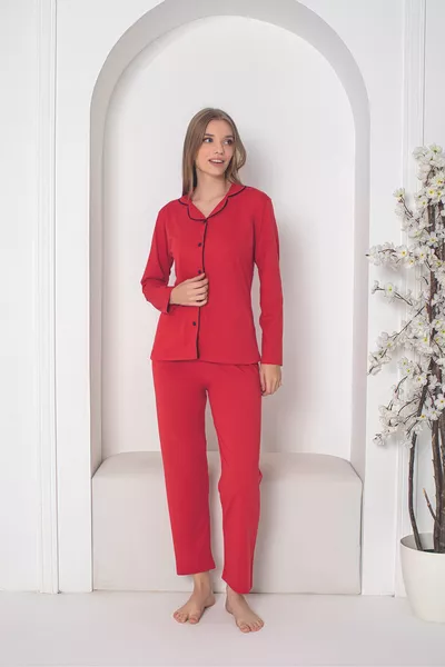 Chemise en coton passepoilé de couleur rouge Ensemble de pyjama à manches longues