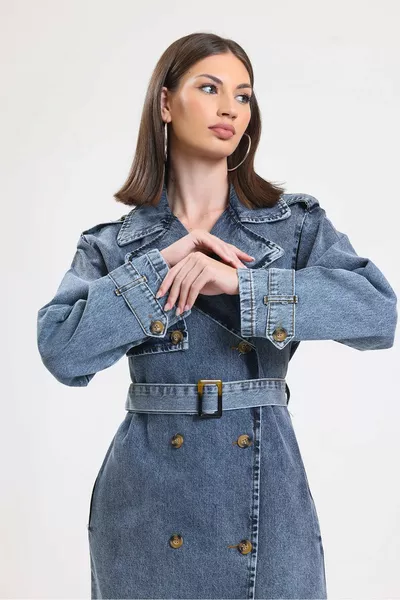 Women's Blue Belted Denim Trench Coat Shoulder and Sleeve Epaulette Detailed