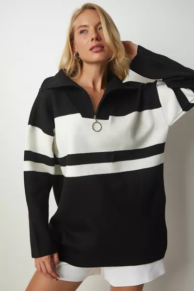 Women's Black Zippered Collar Striped Knit Sweater  
