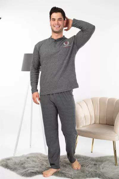 Homme d’hiver col interlock bouton manches longues rayé anthracite peigné ensemble pyjama