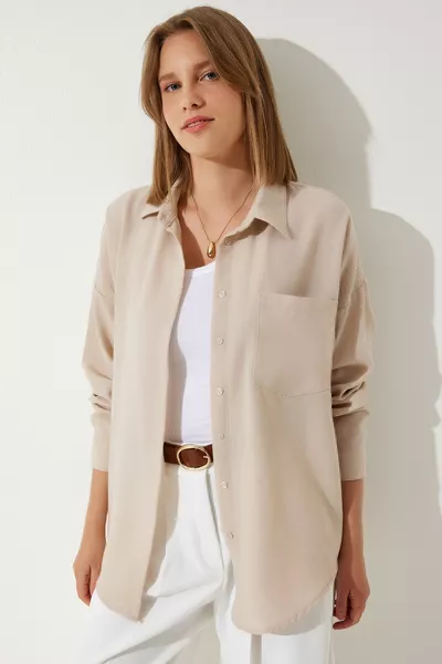 نسائي بيج فاتح كبير الحجم الكتان Ayrobin قميص 