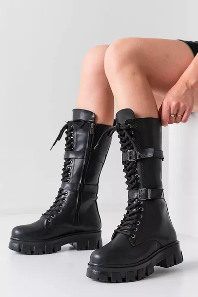 Women's lace-up black long boots with zippered buckle details. ,5cm cm