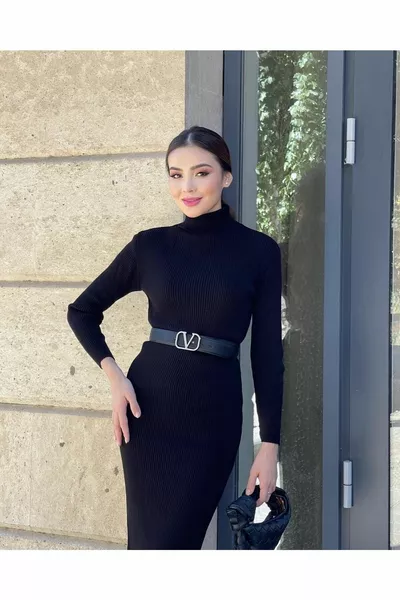 سروال قصير تريكو النسيج ماكسي طول الياقة المدورة الشتاء تريكو Elbiise اللباس