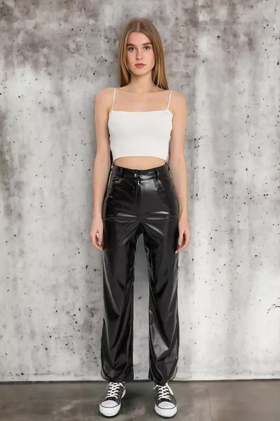Pantalon en cuir taille haute femme