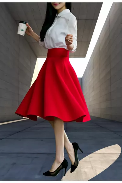 تنورة نسائية حمراء ساتان عالية الخصر على شكل خط