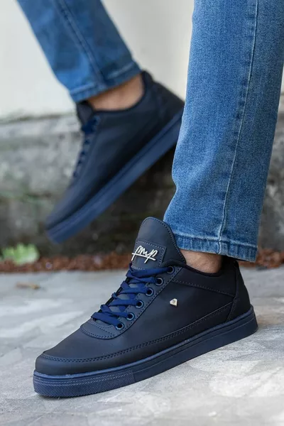 Erkek Lacivert Düz Rahat Taban Yumuşak İç Astarlı Deri Sneaker Şık Konforlu Spor Ayakkabı