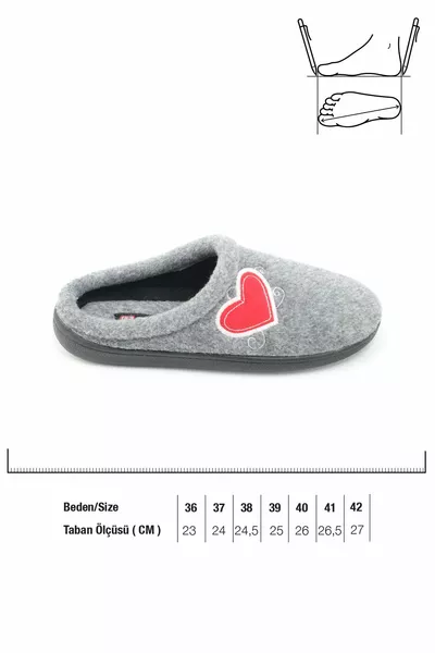 Kışlık Kadın Ev Bahçe Comfort Taban Nakışlı Kalp Desenli Keçe Terlik