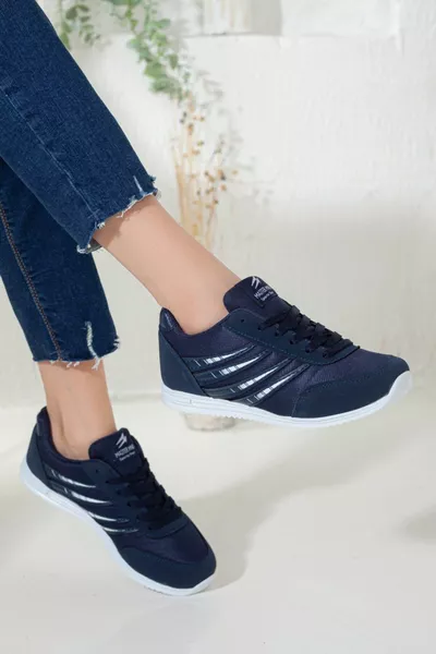 Women Navy Blue Casual Lace-Up Flat Casual Sole Lifestyle Soft Sneaker Hiking Sneakers