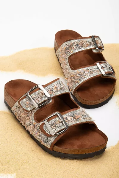 Natuursteen Tan Double Buckle Sea Stone orthopedische pantoffels voor dames