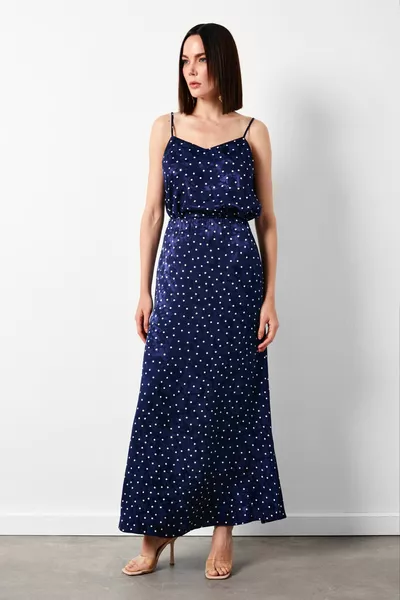 Langer Rock mit Polka-Dot-Muster - NAVY BLUE