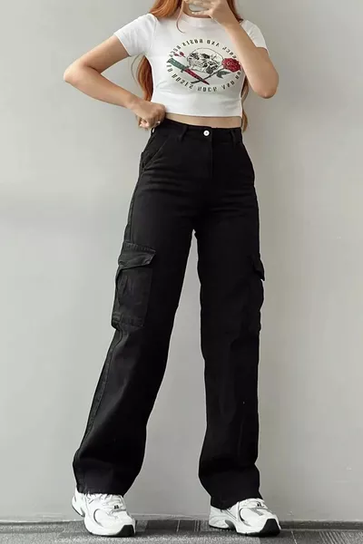 Dora Damen Schwarze Cargo-Jeans mit hoher Taille und weitem Bein Jeans mit Cargo-Tasche