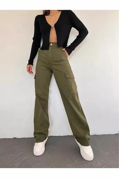 Kaki groene Palazzo broek met cargozak met wijde pijpen