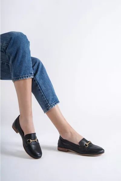 Genuine Leather Black Women Leather Loafer 