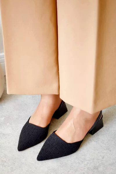 Руж Черен туид Заострени пръсти Къси токчета Дамски обувки